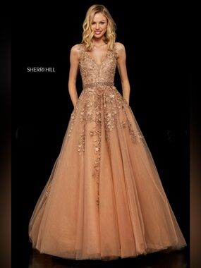 NWT $948 Sherri Hill Embellished Ball Gown Gold Dress Embroidered 11335